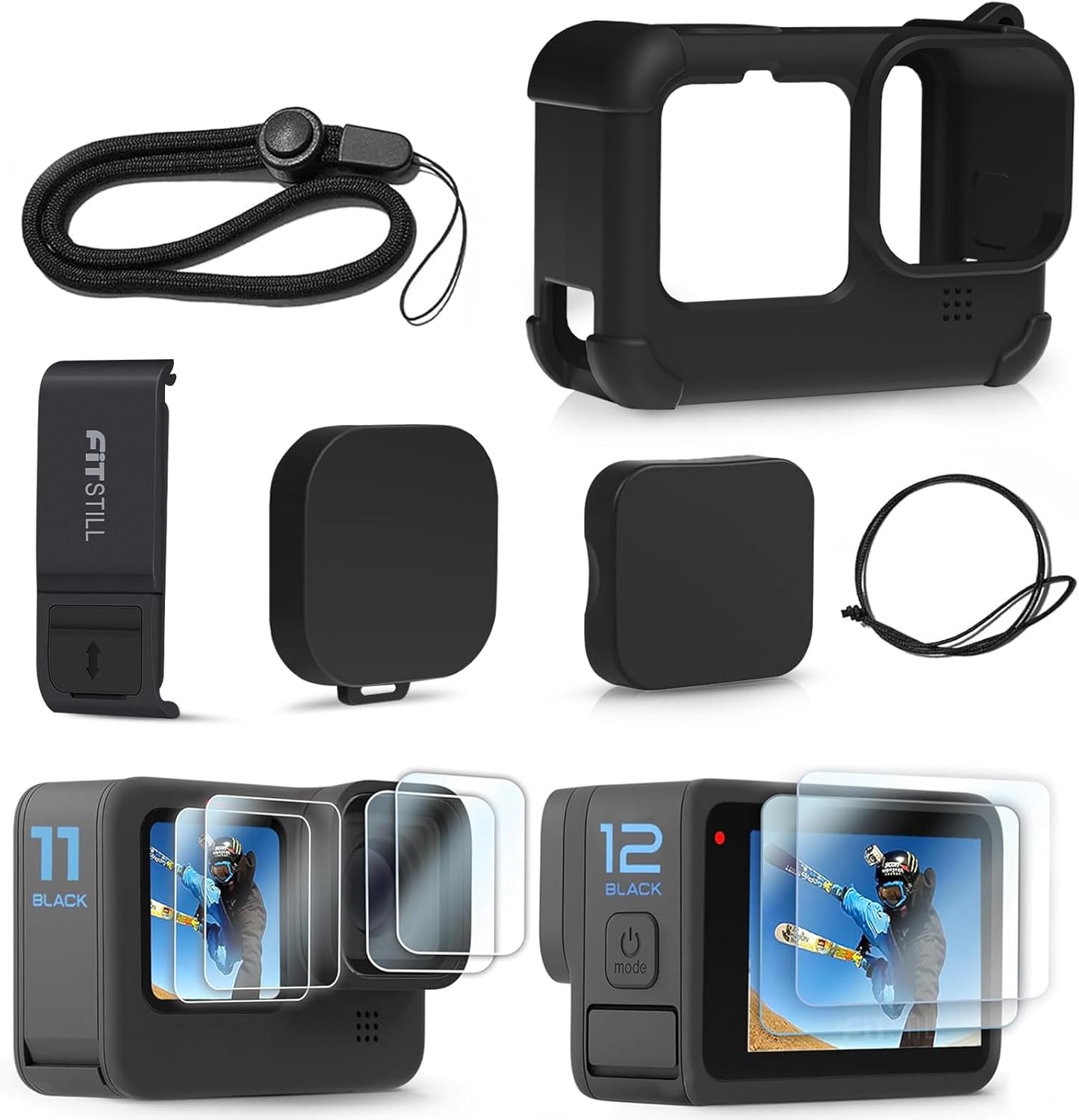 FitStill Black Silicone Sleeve Case for Go Pro Hero 12/Hero 11/Hero 10/Hero 9 Black,Battery Side Cover&Screen Protectors& Lens Caps&Lanyard for Go Pro Hero 12/11/10/9 Black Accessories Kit - Image 2