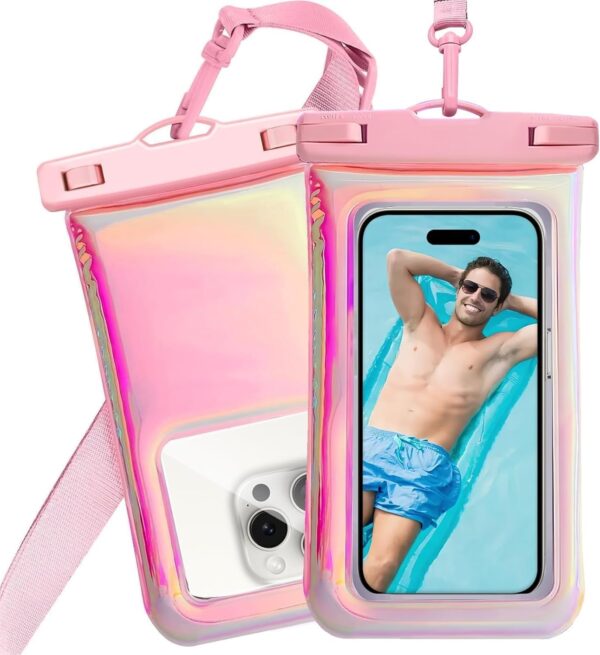 1 Pack Floatable Waterproof Phone Pouch Case for iPhone 17 16 Pro Max/15/14/13/12, IP68 Travel Cellphone Dry Bag, Beach Cruise Ship Essentials Bags with Crossbody Lanyard, Iridescent Pink - Image 2