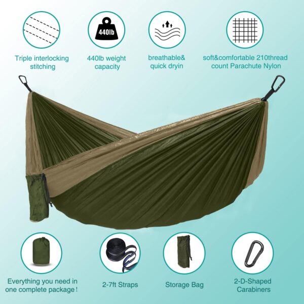 Hammock Camping, Portable Single/Double Hammocks for Outdoor Hiking Travel Backpacking - 210D Nylon Hammock Swing for Backyard & Garden (Green/Khaki) - Image 4