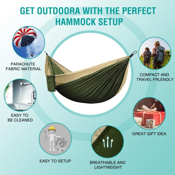 Hammock Camping, Portable Single/Double Hammocks for Outdoor Hiking Travel Backpacking - 210D Nylon Hammock Swing for Backyard & Garden (Green/Khaki) - Image 5