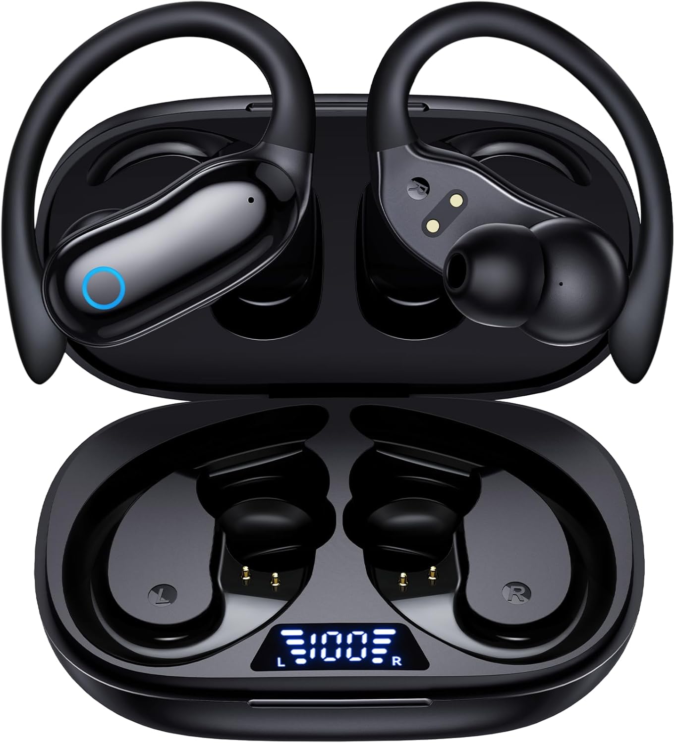 Active Noise Canceling Ear Buds Wireless Earbuds 96hrs Playback Bluetooth Headphones IPX7 Waterproof Stereo Bass Over-Ear Earphones with Earhooks Microphone LED Battery Display for Sports Workout - Image 2
