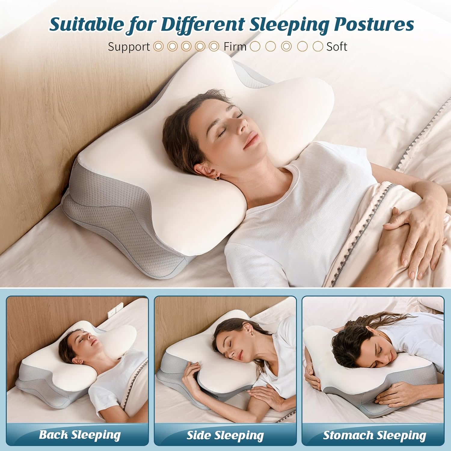 Cervical Neck Pillow for Pain Relief - Ergonomic Side Sleeper Pillow for Sleeping, Contour Orthopedic Pillow for Neck Support, Cooling Memory Foam Pillows for Back & Stomach Sleepers with Pillowcase - Image 7