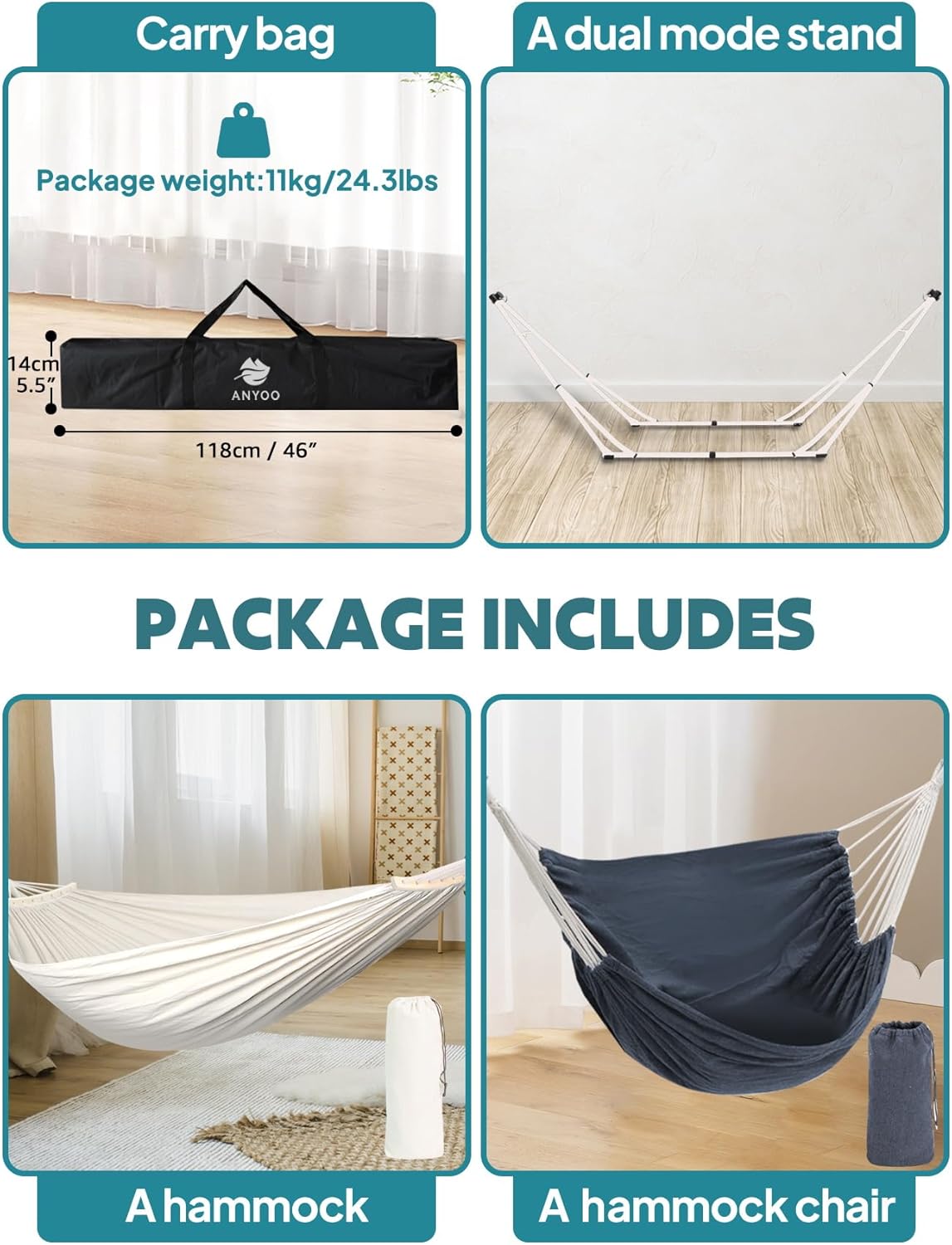 Anyoo 2 in 1 Hammock and Swinging Chair with Collapsible Steel Stand & Carrying Case,Portable & Adjustable,Easy Set Up for Outdoor,Indoor,Porch Swing,Patio,Garden,Camping Trip - Image 7