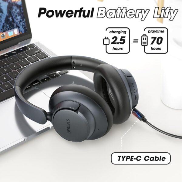 BERIBES Upgraded Hybrid Active Noise Cancelling Headphones with Transparent Modes,70H Playtime Bluetooth Headphones Wireless Bluetooth with Mic, Deep Bass,3.5MM Cable,Soft-Earpads,Fast Charging-Black - Image 4