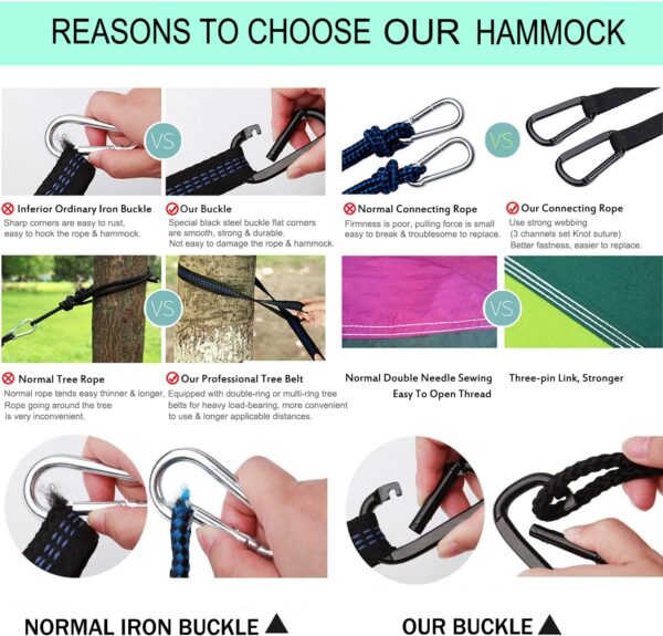 Hammock Camping, Portable Single/Double Hammocks for Outdoor Hiking Travel Backpacking - 210D Nylon Hammock Swing for Backyard & Garden (Green/Khaki) - Image 3
