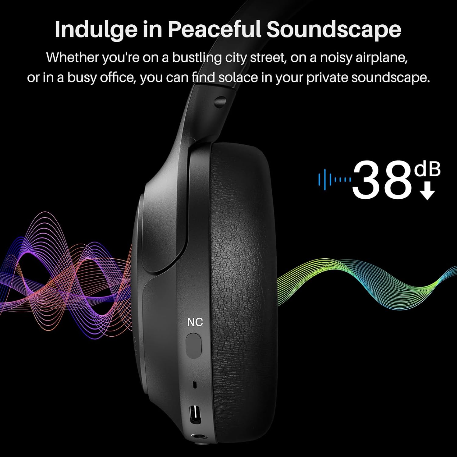 TOZO HT2 Hybrid Active Noise Cancelling Headphones, Wireless Over Ear Bluetooth Headset, 60H Playtime, Hi-Res Audio Custom EQ via App Deep Bass Comfort Fit Ear Cups, for Home Office Travel Black - Image 4