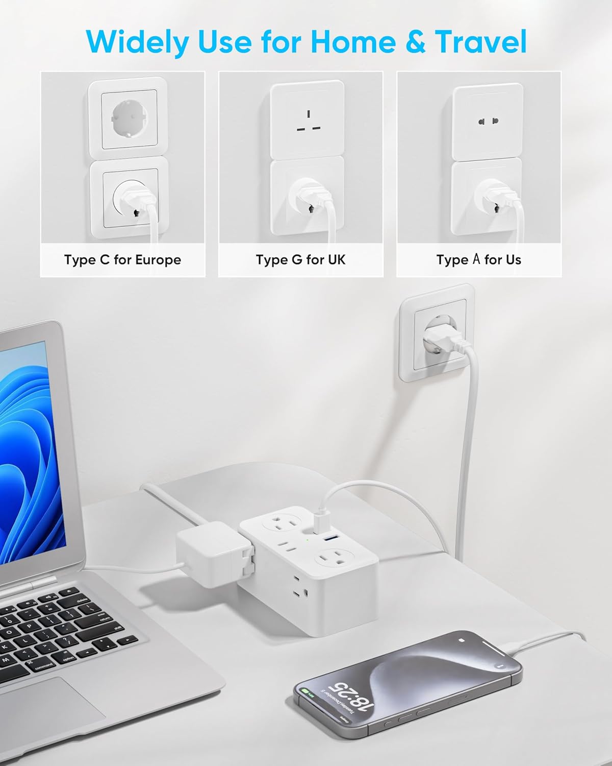 European Travel Plug Adapter, EU/UK/US Travel Plug Adapter Power Strip, 6 AC Outlets, 4 USB Ports (2 USB C), 3ft Wrapped Around Extension Cord, Universal Travel Adapter - Image 5