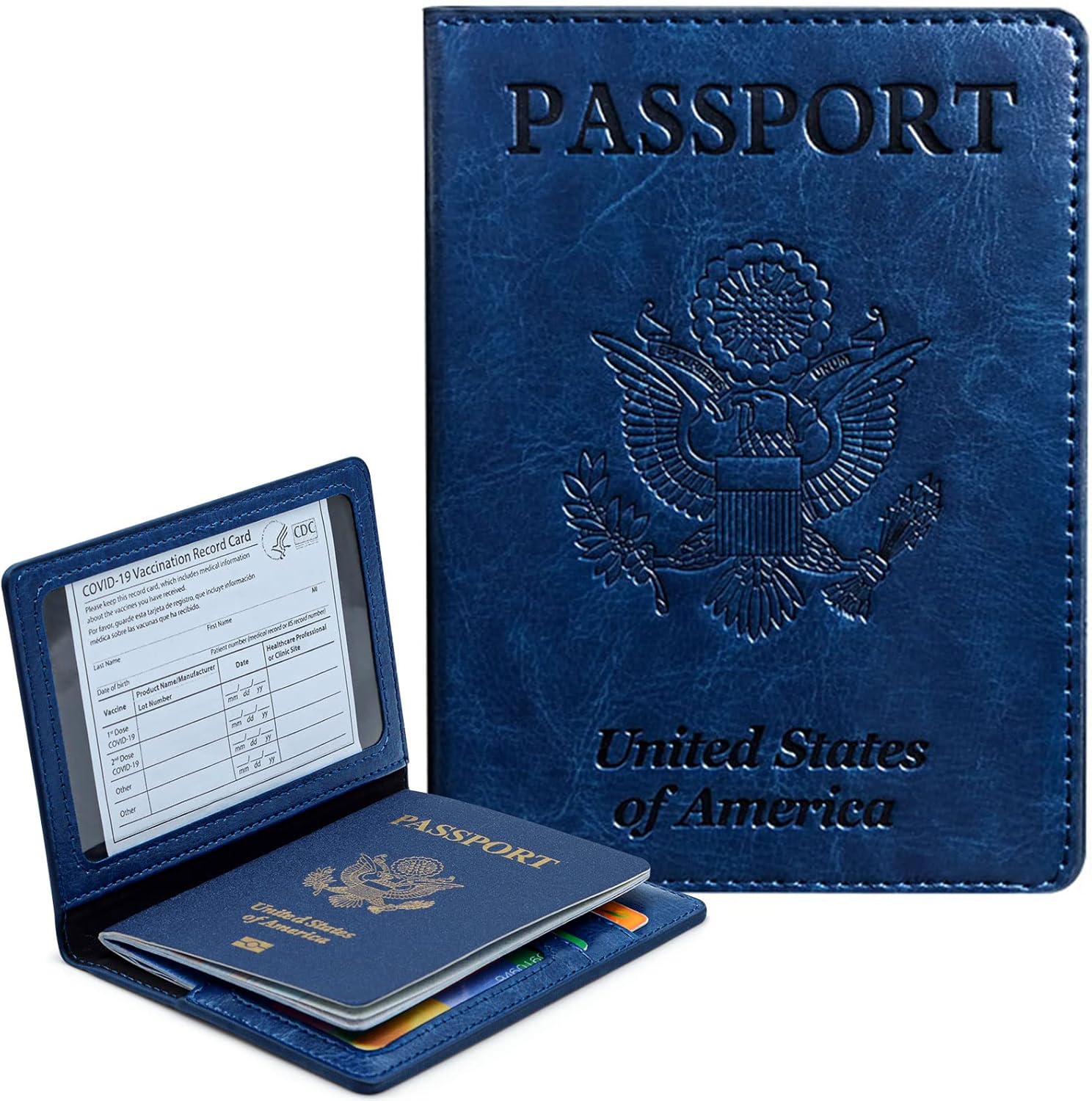 Passport Holder Cover Wallet Case RFID Blocking Leather Card Slot Travel Accessories Documents Organizer Protector for Women Men, Navy Blue - Image 2