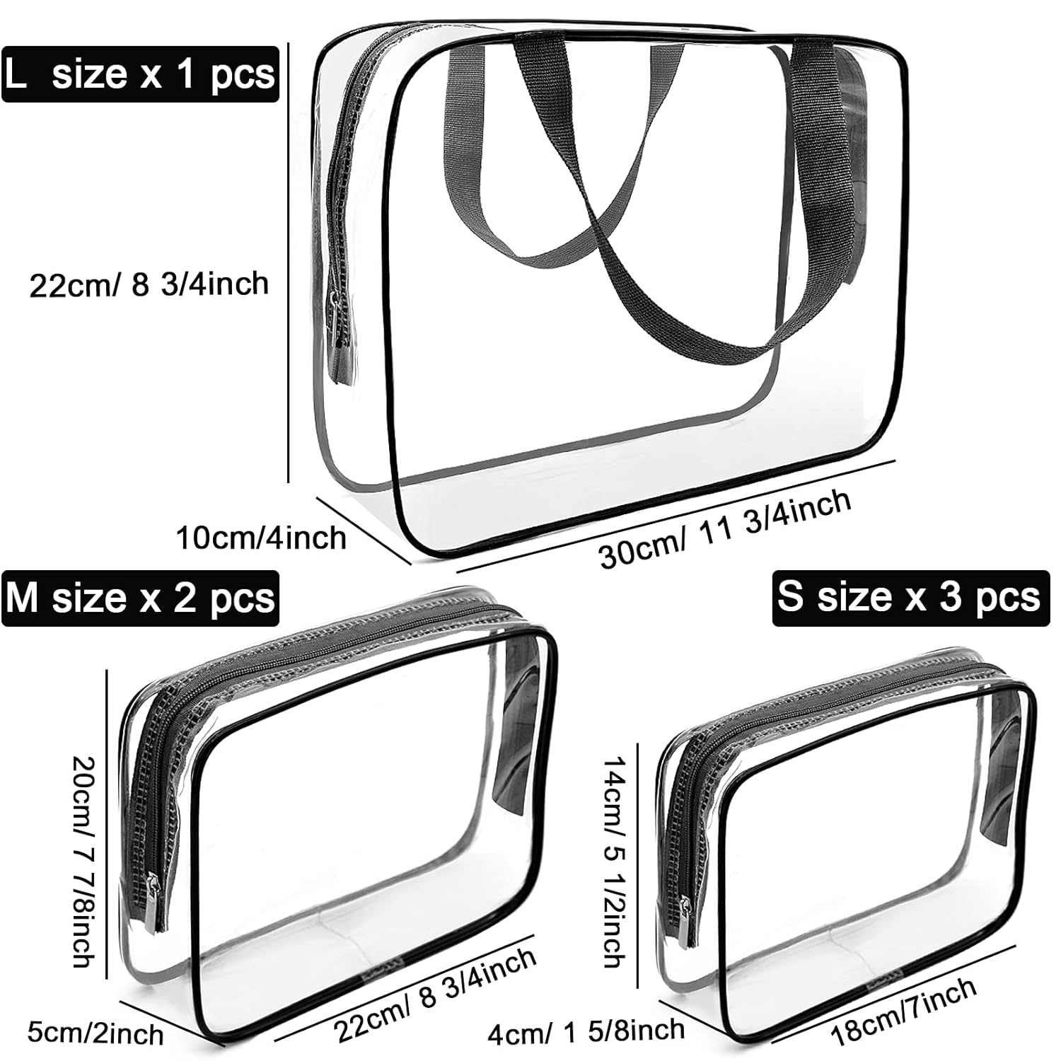 APREUTY Clear Makeup Bags, TSA Approved 6 Pcs Cosmetic Makeup Bags Set Clear PVC with Zipper Handle Portable Travel Luggage Pouch Airport Airline Vacation Organization (Black) - Image 4