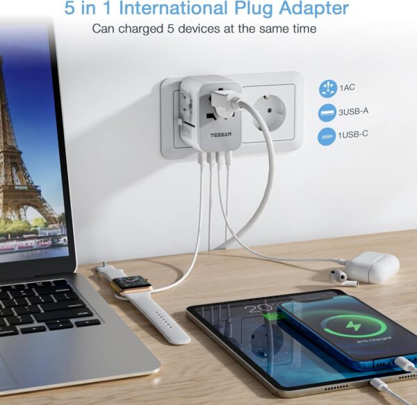 TESSAN Universal Travel Adapter, International Power Adapter with 4 USB Ports (1 USB C), Worldwide Plug Adaptor Wall Charger for USA to Europe UK France Germany Spain Ireland Australia(Type C/G/A/I) - Image 5