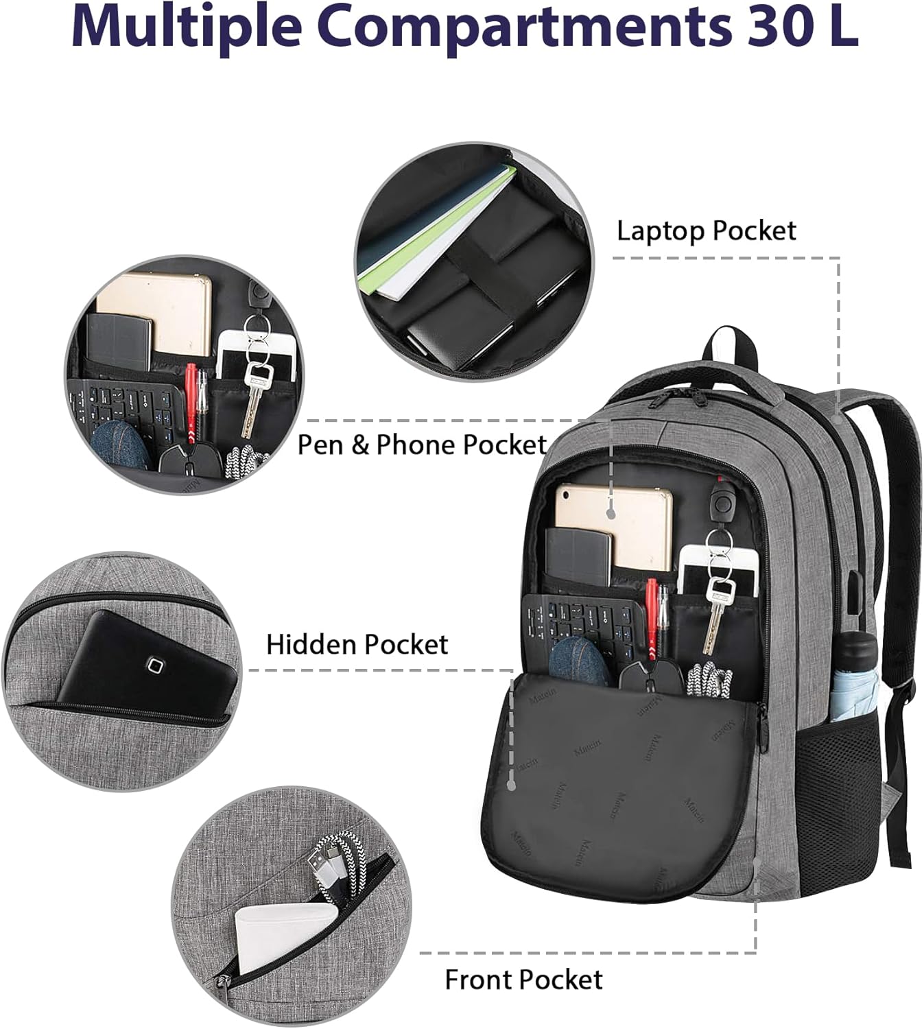 MATEIN Travel Laptop Backpack, 17 Inch Work TSA Approved Carry on Backpack, Large Computer Business Bag for Men Women with USB Port and Trolley Sleeve, College School Rucksack Book Bag, Grey - Image 9