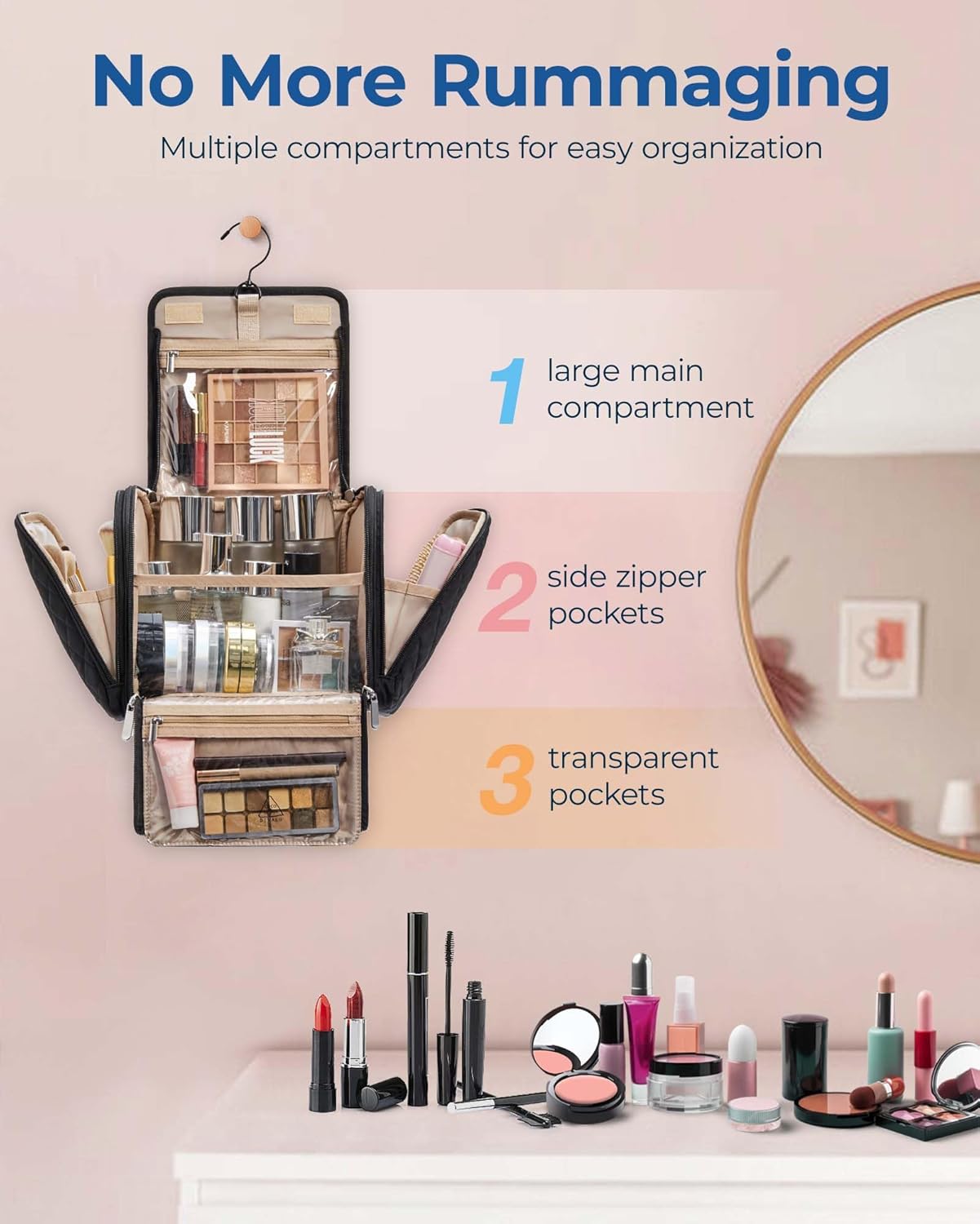 BAGSMART Makeup Bag for Women with Hanging Hook - Portable Cosmetic Case, Large Capacity Door Room Essentials Travel Organizer for Full Sized Cosmetics and Toiletries, Black - Image 3