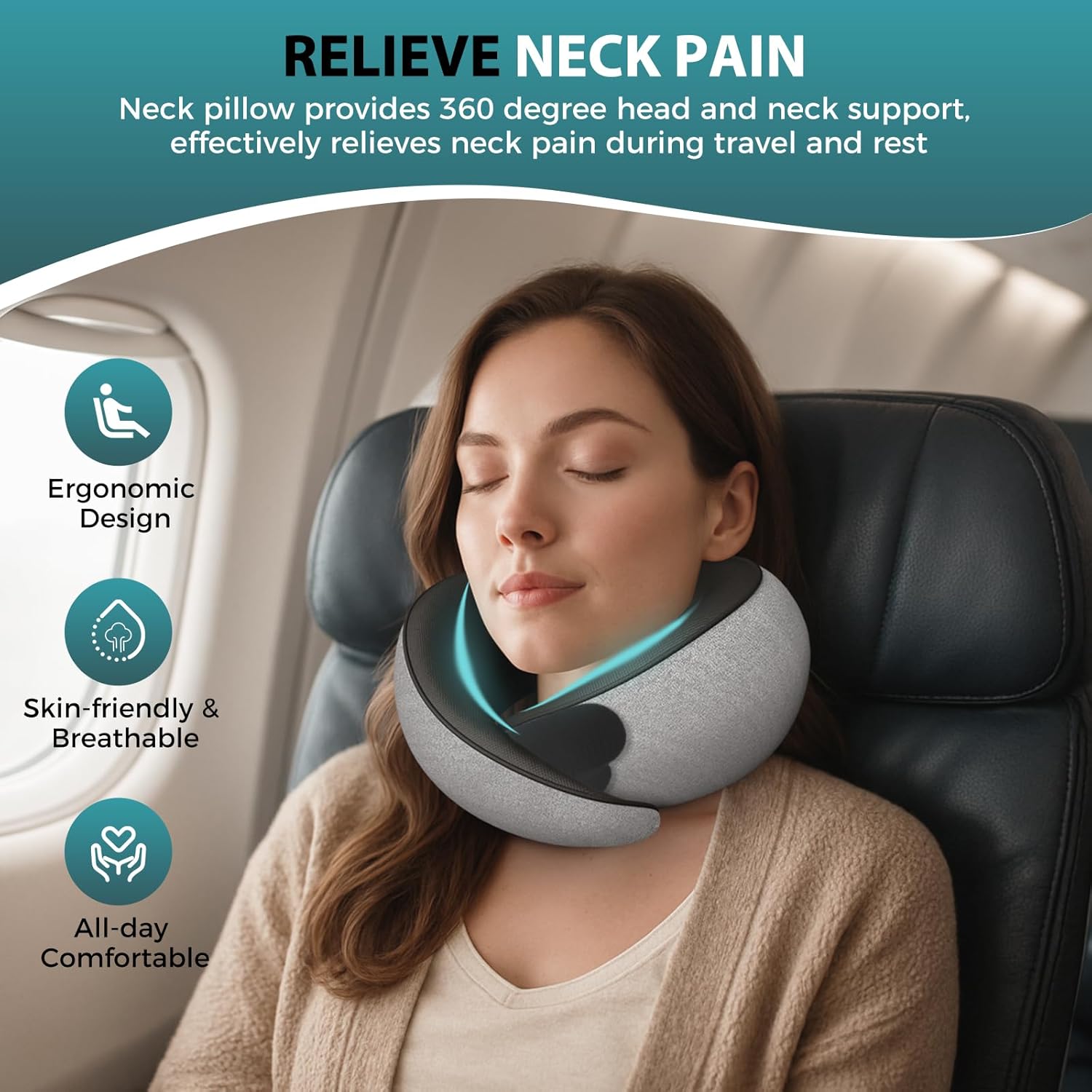 Travel Neck Pillows for Airplanes - 360° Ergonomic Memory Foam Travel Pillow - Relief Neck Pain with Breathable Support for Long Flights, Car, Train & Office Use - Adults & Kids - Image 3