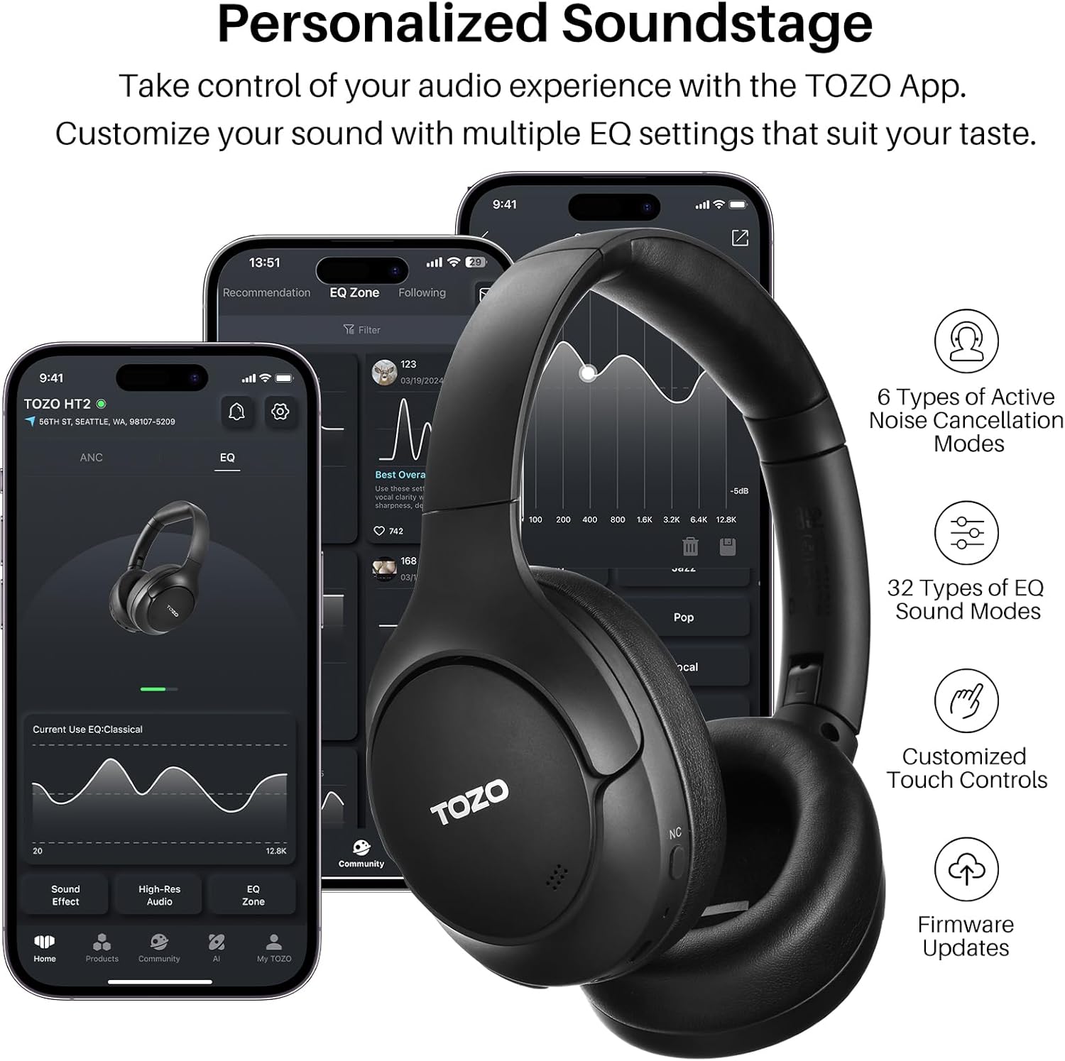 TOZO HT2 Hybrid Active Noise Cancelling Headphones, Wireless Over Ear Bluetooth Headset, 60H Playtime, Hi-Res Audio Custom EQ via App Deep Bass Comfort Fit Ear Cups, for Home Office Travel Black - Image 7