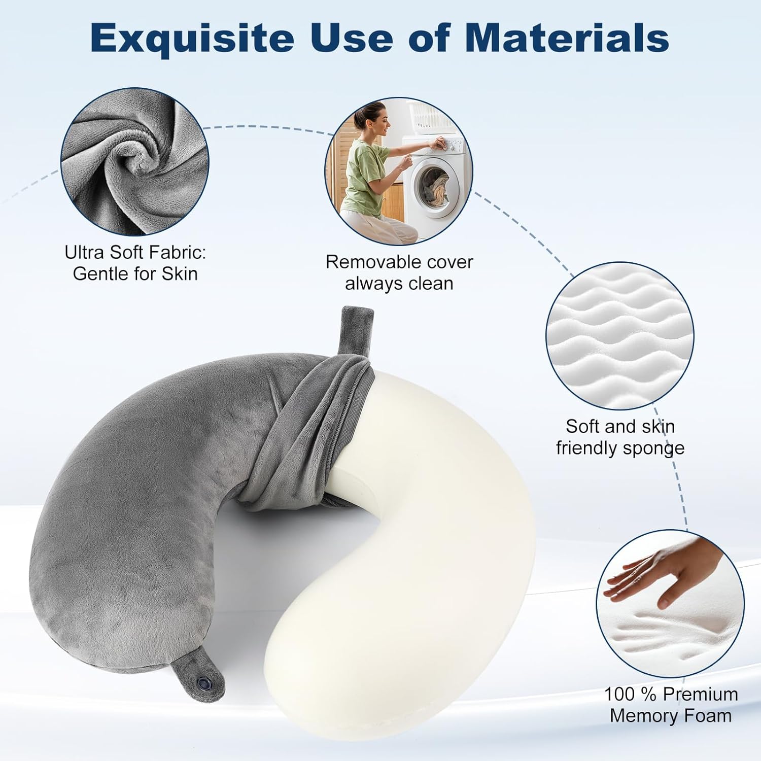Travel Pillow 100% Pure Memory Foam Neck Pillow Airplane for Traveling,Car, Train,Napping,Traveling,Washable Cover (Grey) - Image 3
