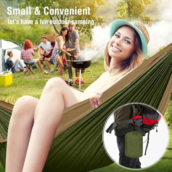 Hammock Camping, Portable Single/Double Hammocks for Outdoor Hiking Travel Backpacking - 210D Nylon Hammock Swing for Backyard & Garden (Green/Khaki) - Image 7