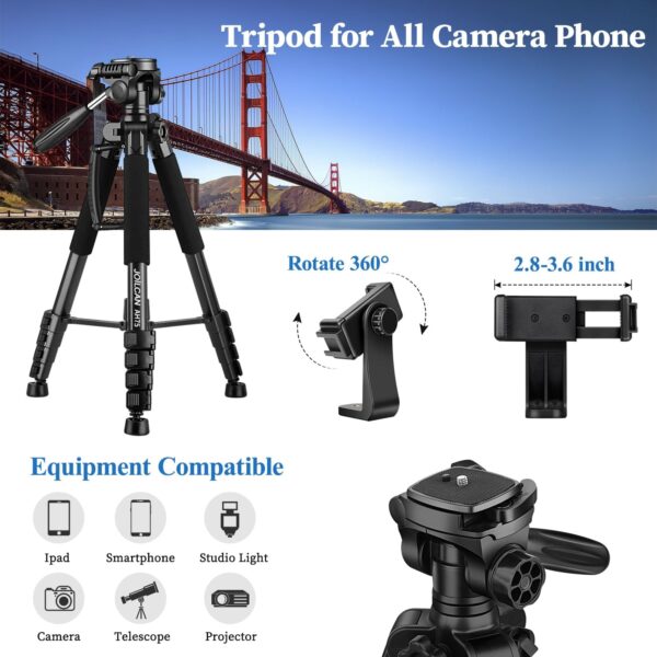 JOILCAN Tripod Camera Tripods, 74" Tripod for Camera Phone Video Recording, Heavy Duty Cameras Tripod Stand, Professional Travel DSLR Tripods Compatible with Canon iPhone, Max Load 15 LB - Image 5