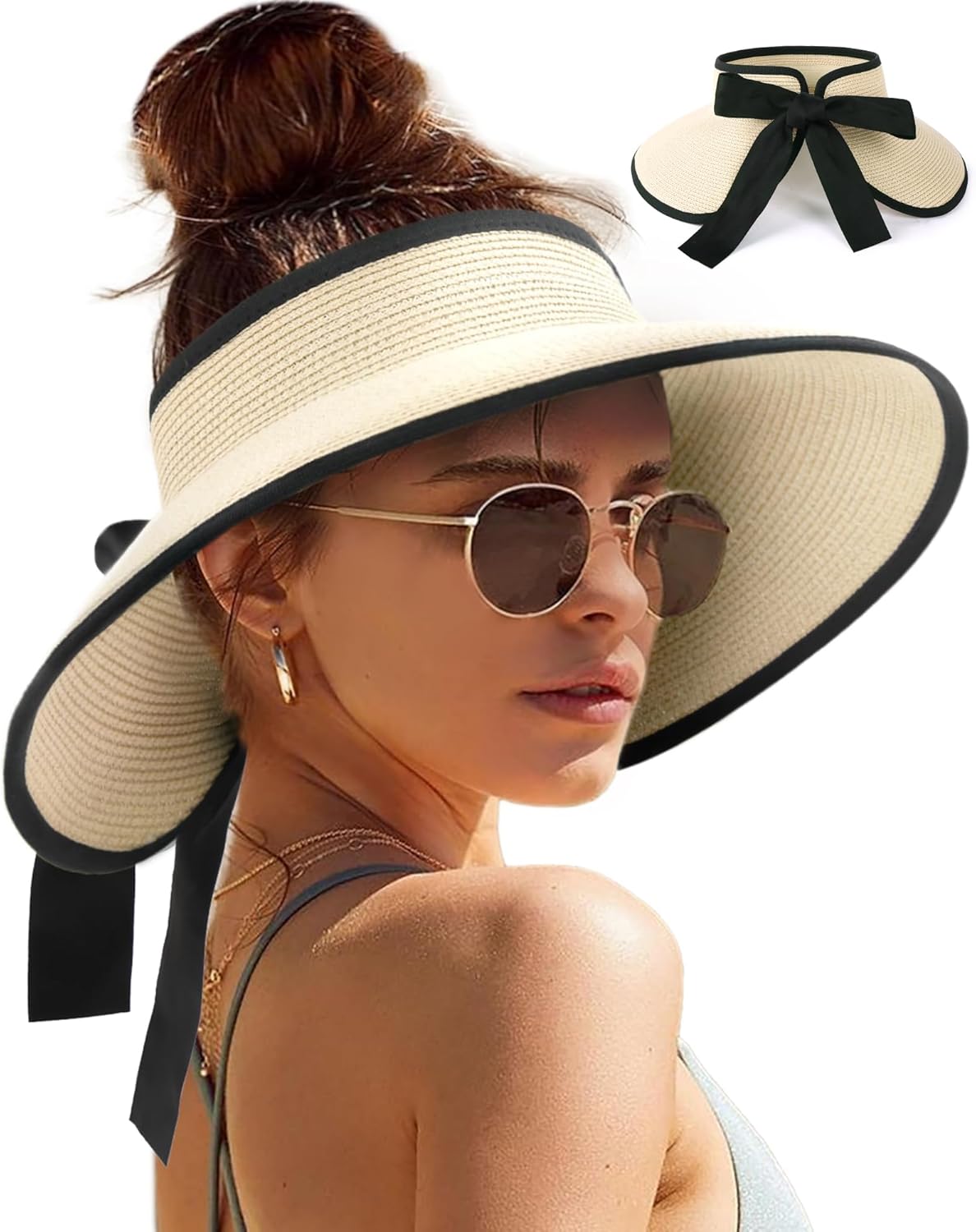 Camptrace Sun Visors for Women Wide Brim Beach Hat Foldable Straw Visor Hat Ponytail Summer Packable UPF 50+ - Image 2