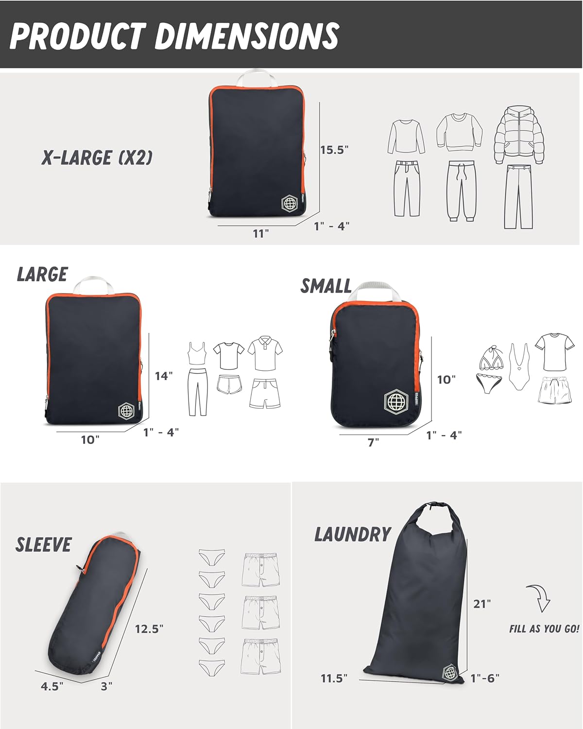 Large Compression Packing Cubes for Travel-Packing Cube Luggage Organizers 7 Piece Set for Checked Luggage-Ultralight, Expandable/Compression Bags by TRIPPED Travel Gear (Grey/Orange) - Image 5