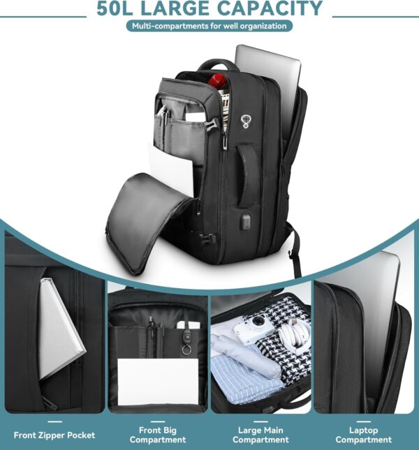 Travel Backpack, 50L Expandable Extra Large Laptop Backpack, Carry On Backpack Water Resistant Business Suitcase Daypack Bag Fits 17 Inch Laptops, Travel Gifts for Men Women, Black - Image 6