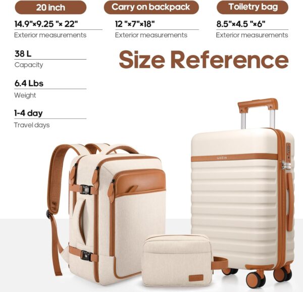 Luggage Sets 3 Piece, Carry On Luggage 20In With Spinner Wheels,PC Hardside Suitcase Set with TSA Lock,Durable Carry On Suitcase With Travel Backpack for Men (Beige, 3 piece set (20inch)) - Image 8
