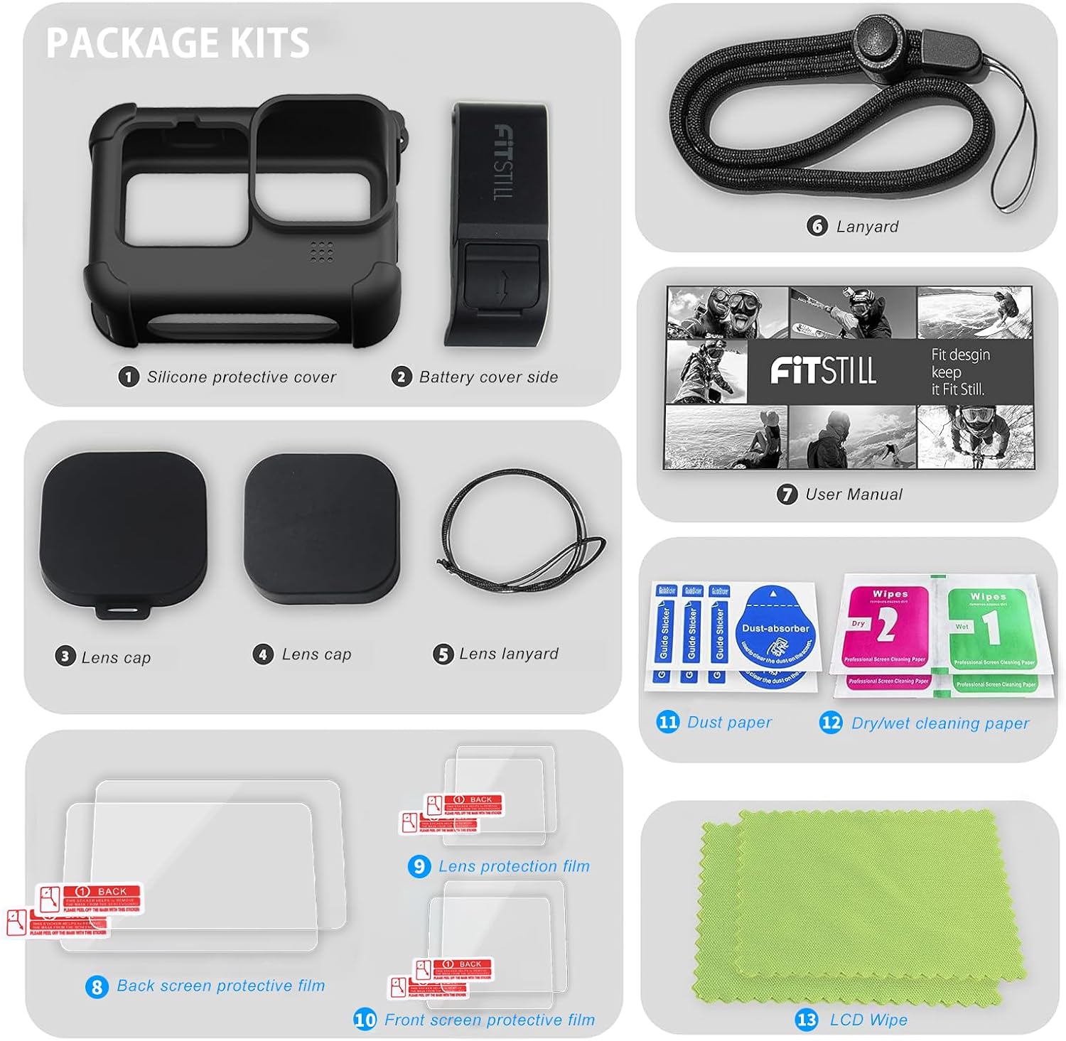 FitStill Black Silicone Sleeve Case for Go Pro Hero 12/Hero 11/Hero 10/Hero 9 Black,Battery Side Cover&Screen Protectors& Lens Caps&Lanyard for Go Pro Hero 12/11/10/9 Black Accessories Kit - Image 7