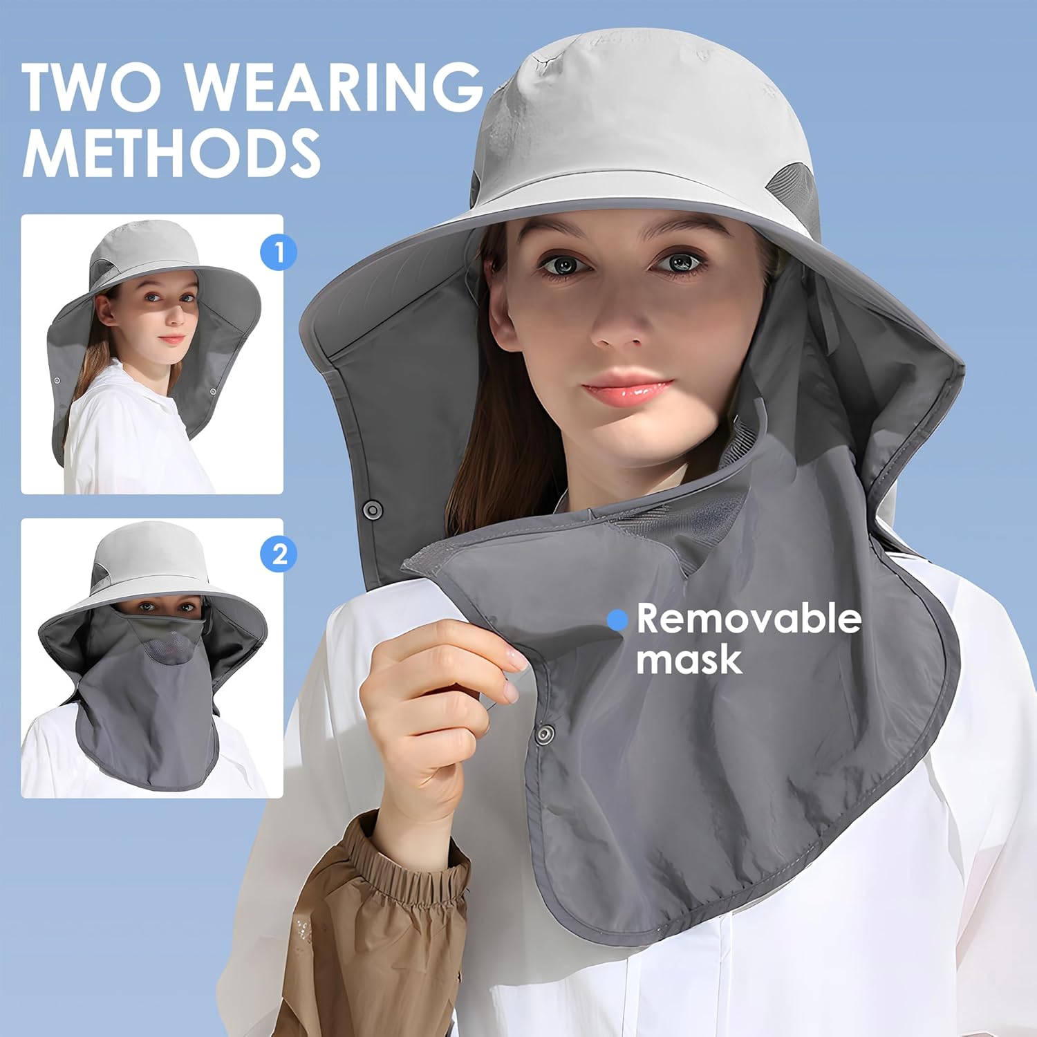 Outdoor Sun Hat Detachable Neck Face Flap UPF 50+UV Protection Visor Fishing Hats with Neck Flap for Men & Women - Image 3