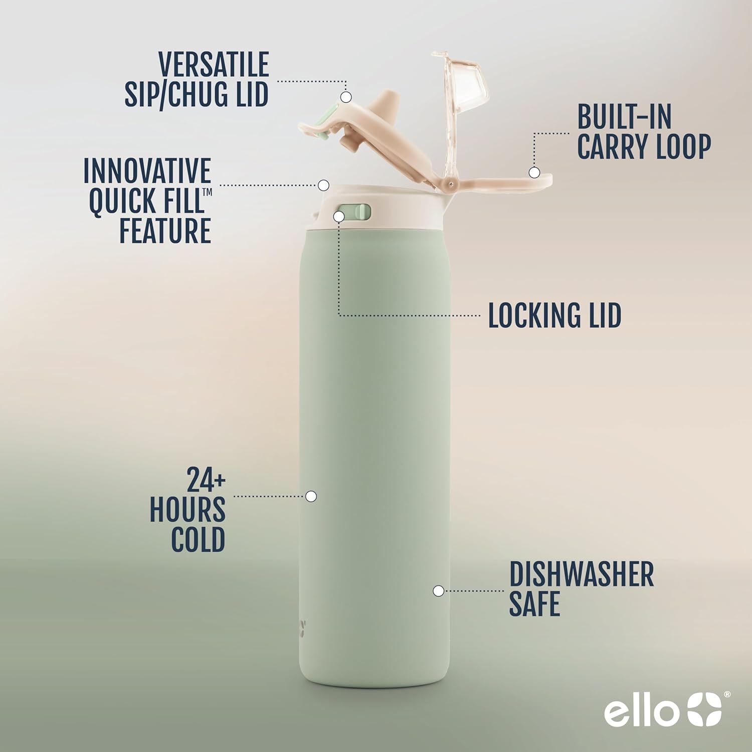 Ello Pop & Fill Stainless Steel Water Bottle with Quick Fill Technology, Double Walled Vacuum Insulated Metal, Leak Proof Locking Lid, Sip & Chug, BPA Free, Holiday Gift for Him Her, 22oz, 32oz, 40oz - Image 4