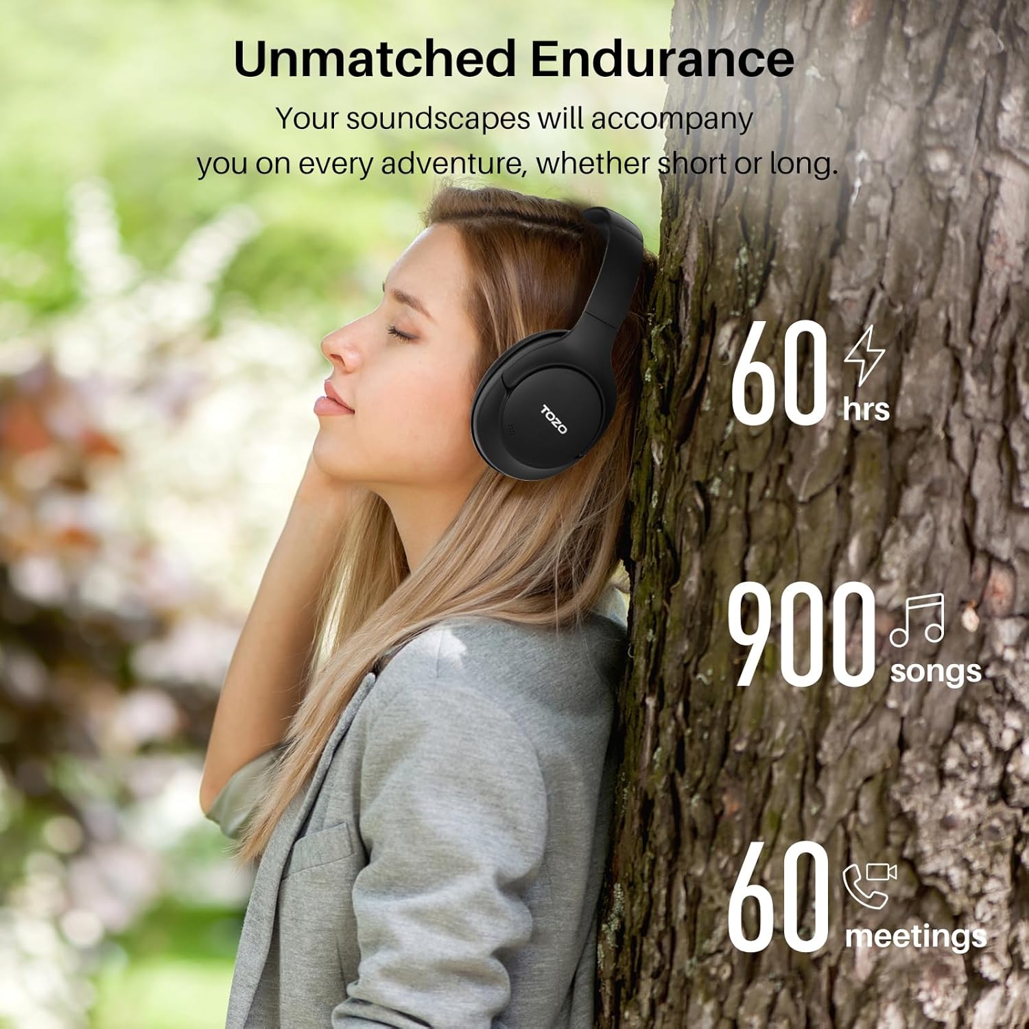 TOZO HT2 Hybrid Active Noise Cancelling Headphones, Wireless Over Ear Bluetooth Headset, 60H Playtime, Hi-Res Audio Custom EQ via App Deep Bass Comfort Fit Ear Cups, for Home Office Travel Black - Image 6