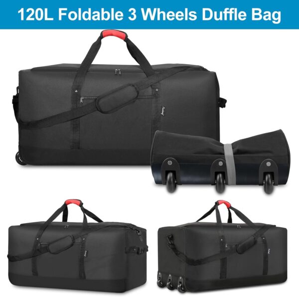 Finnhomy 120L Foldable Rolling Duffel Bag with 3 Wheels, Light Weight Travel Duffel bag with Large Loading Capacity, 32 inch Rolling Duffel bag with Shoulder Strap for Travel Camping Sports - Image 4