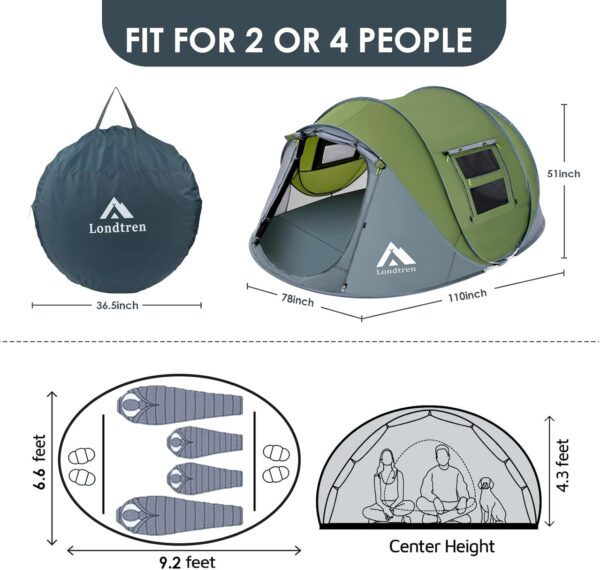4 Person Easy Pop Up Tent Waterproof Automatic Setup 2 Doors-Instant Family Tents for Camping Hiking & Traveling - Image 3