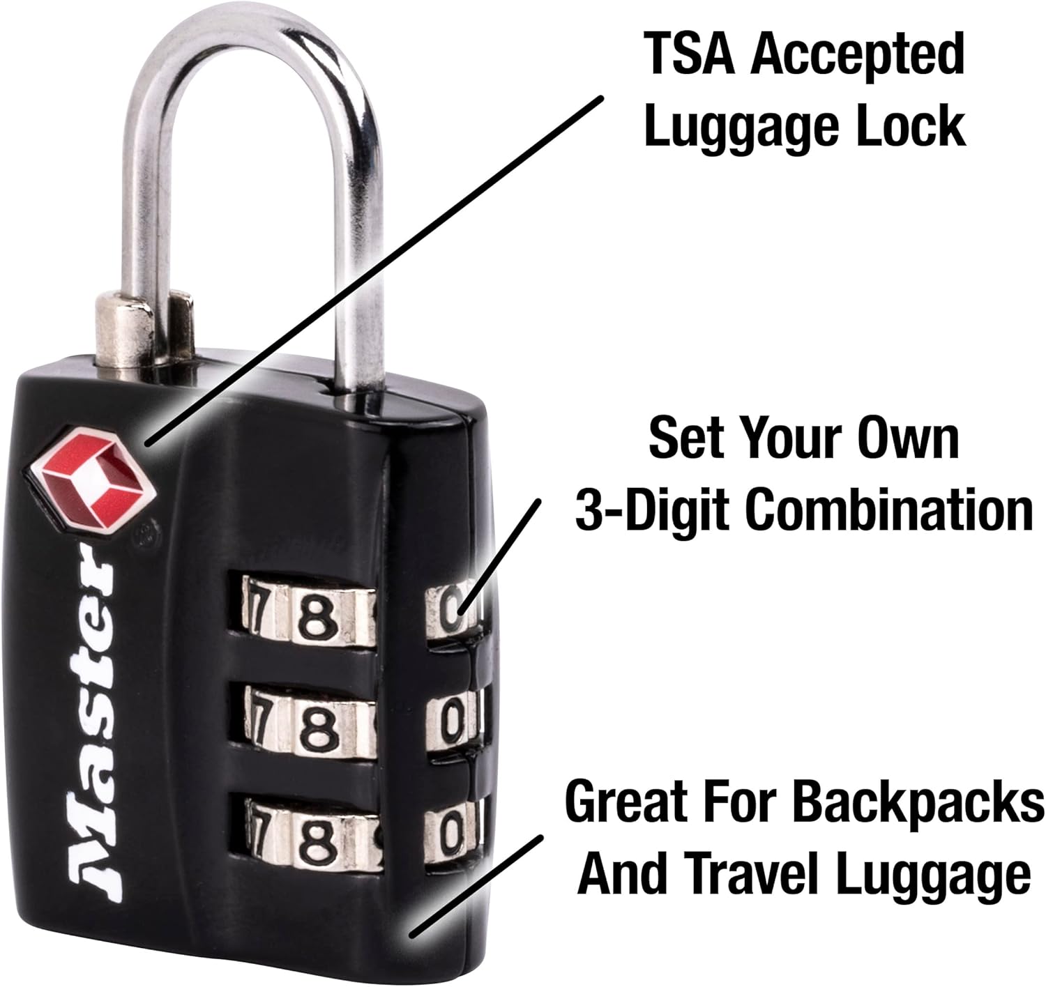 Master Lock Black TSA-Approved Luggage Lock with Wide Lock Body and Thin, Durable Steel Shackle, Zipper Lock for Backpacks, Luggage, 4680DBLK - Image 4