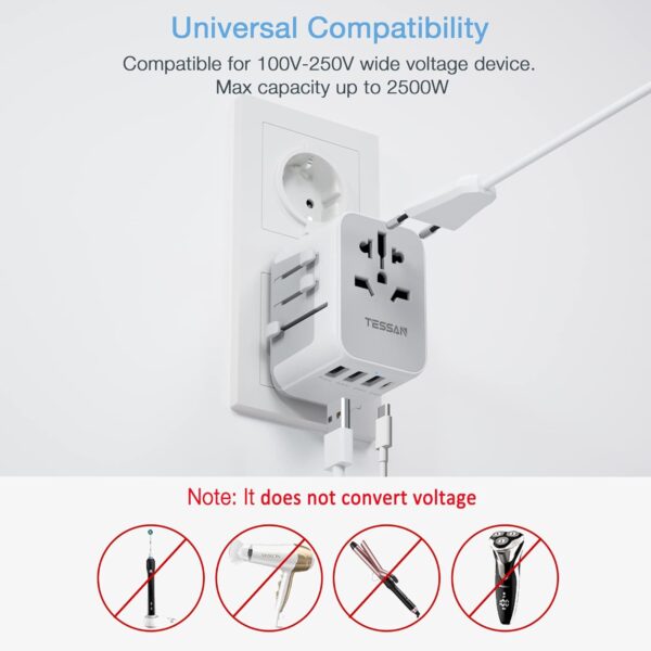 TESSAN Universal Travel Adapter, International Power Adapter with 4 USB Ports (1 USB C), Worldwide Plug Adaptor Wall Charger for USA to Europe UK France Germany Spain Ireland Australia(Type C/G/A/I) - Image 6