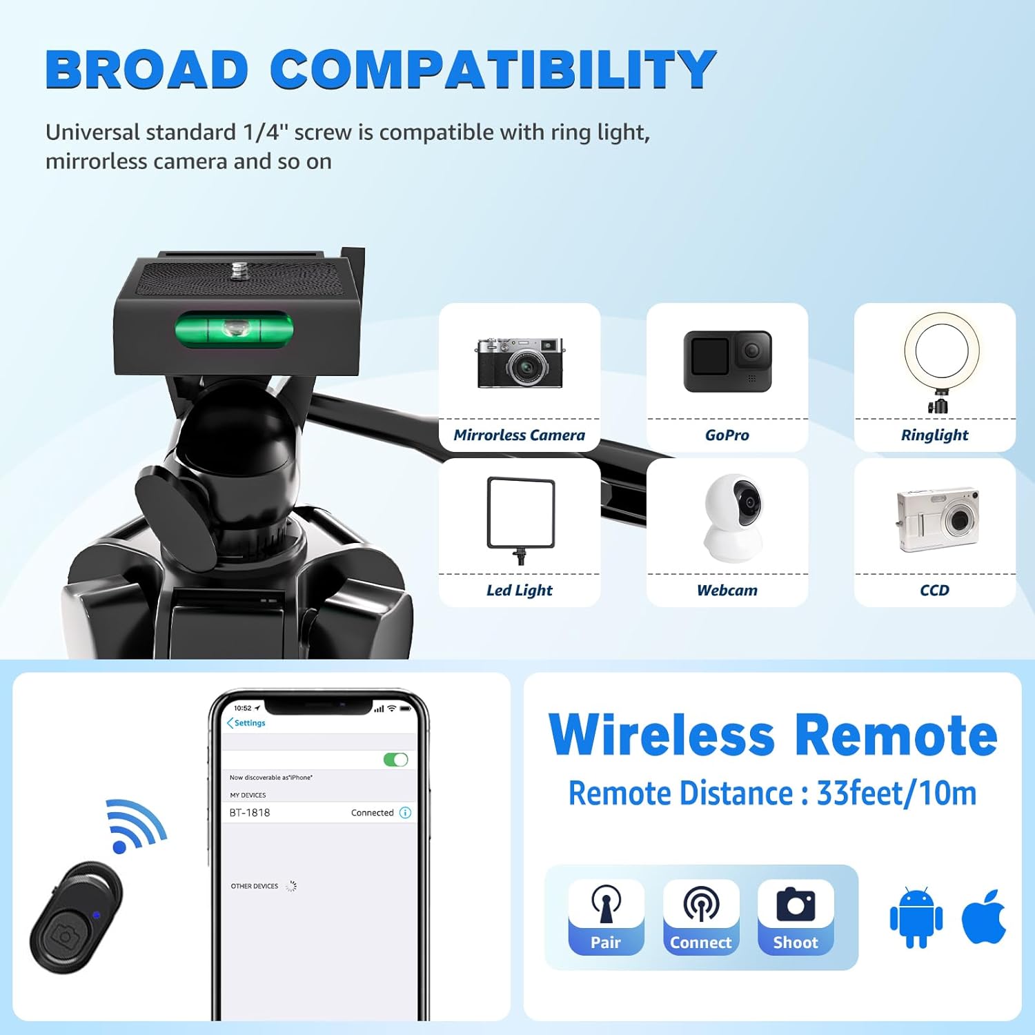 Phone Tripod, Lusweimi 44-inch iPhone Tripod with Phone Holder Mount/Wireless Remote for Ringlight/Camera/Webcam/GoPro, Tabletop Lightweight Stand for iOS/Android/Smartphone - Image 6