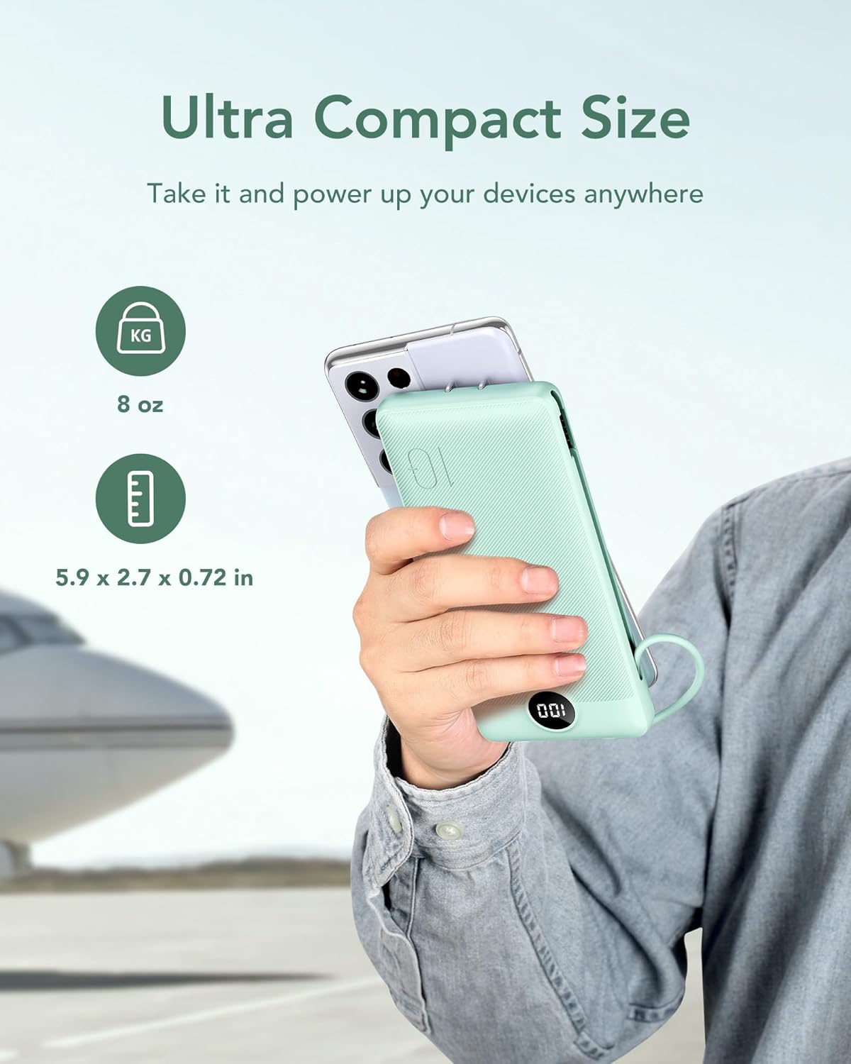 VEGER Portable Charger for iPhone with Built in Cables and Wall Plug, 10000mah Slim Fast Charging USB C Power Bank, Travel Essential Battery Pack Compatible with iPhone, iPad, Samsung etc(Green) - Image 9