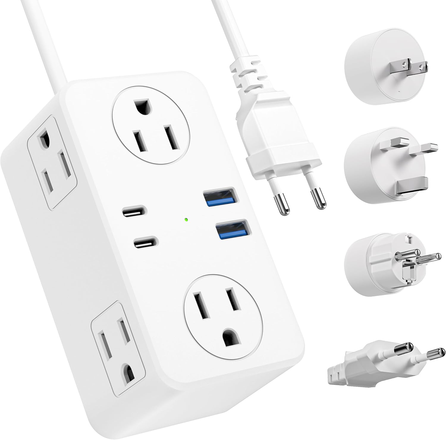 European Travel Plug Adapter, EU/UK/US Travel Plug Adapter Power Strip, 6 AC Outlets, 4 USB Ports (2 USB C), 3ft Wrapped Around Extension Cord, Universal Travel Adapter - Image 2