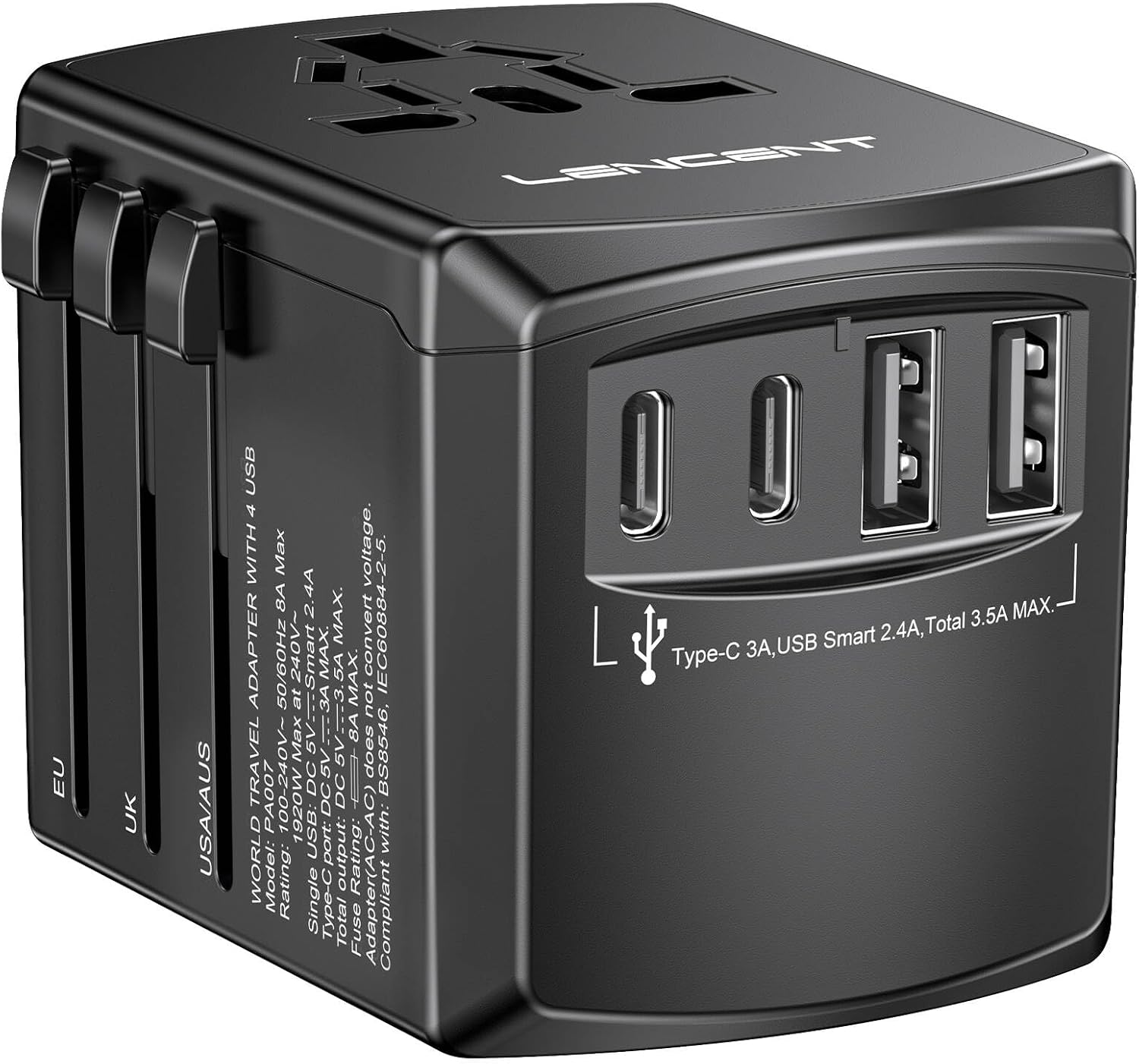 LENCENT Universal Travel Power Adapter, International AC Plug Adaptor with 2 USB C 2 USB A Ports Wall Charger Worldwide Travel Essentials for US to EU UK Ireland Australia (Type C/G/A/I) Black - Image 2