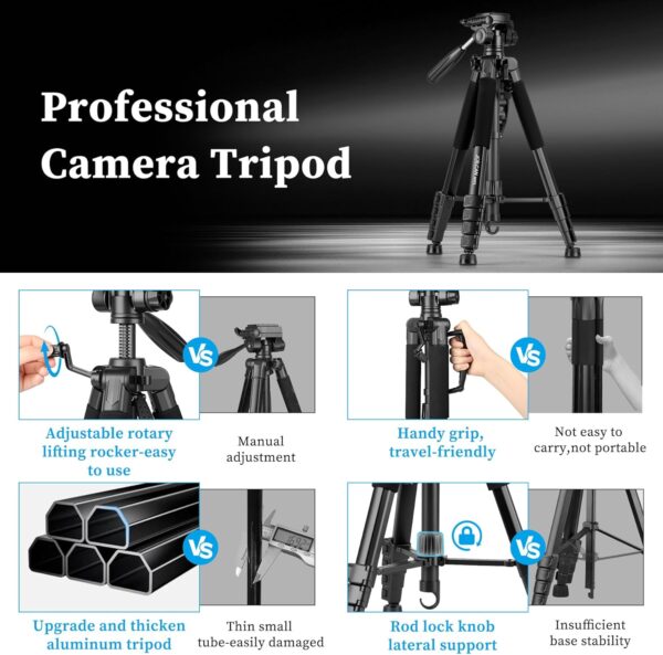 JOILCAN Tripod Camera Tripods, 74" Tripod for Camera Phone Video Recording, Heavy Duty Cameras Tripod Stand, Professional Travel DSLR Tripods Compatible with Canon iPhone, Max Load 15 LB - Image 9