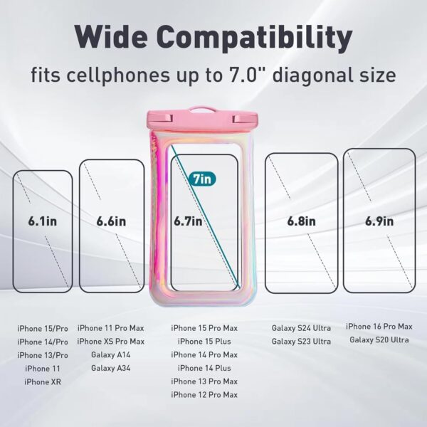 1 Pack Floatable Waterproof Phone Pouch Case for iPhone 17 16 Pro Max/15/14/13/12, IP68 Travel Cellphone Dry Bag, Beach Cruise Ship Essentials Bags with Crossbody Lanyard, Iridescent Pink - Image 3