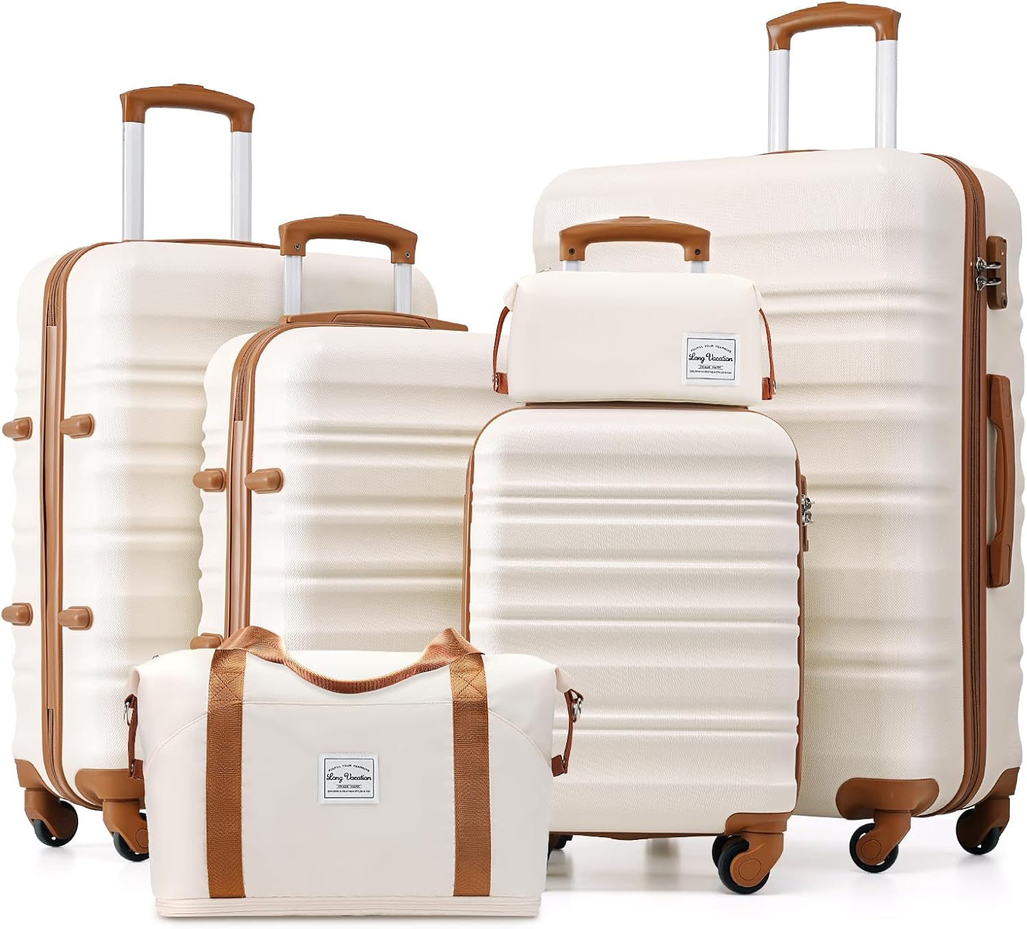 LONG VACATION 6 Piece Luggage Set Carry on Suitcase with ABS+PC hardshell, Spinner Wheels & YKK Zipper TSA Lock (WHITE-BROWN, 6 piece set) - Image 2