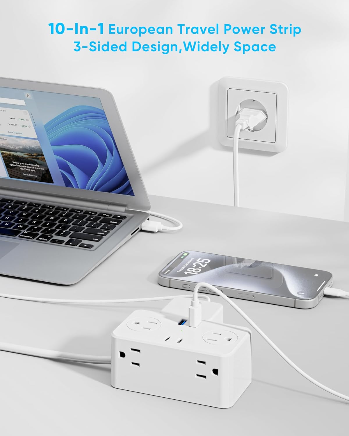 European Travel Plug Adapter, EU/UK/US Travel Plug Adapter Power Strip, 6 AC Outlets, 4 USB Ports (2 USB C), 3ft Wrapped Around Extension Cord, Universal Travel Adapter - Image 6