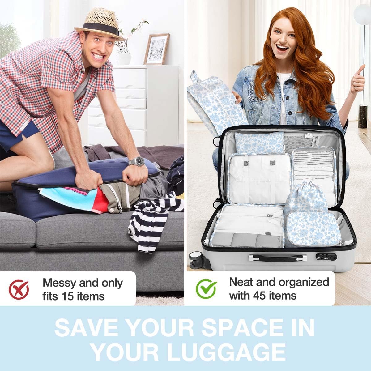 8 Set Packing Cubes for Suitcases,Packing Cube with Shoe, Cosmetics, Clothing, and Accessories Bags Packing Cubes for Travel Luggage Organizer Women Men(Blue Flowers) - Image 7