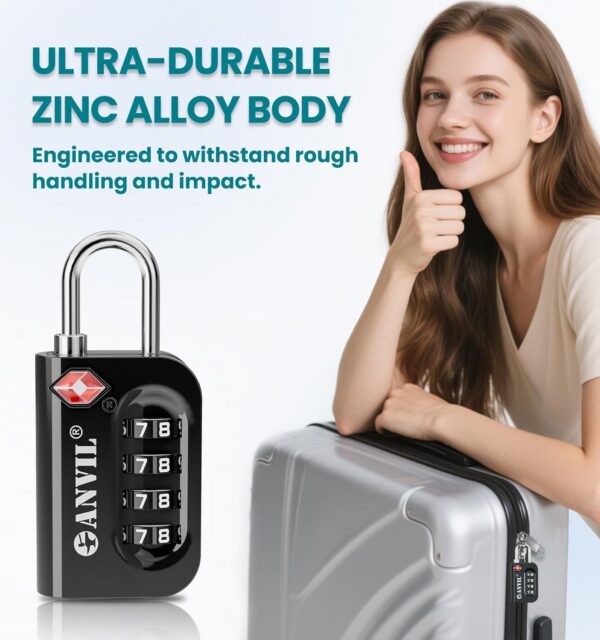 ANVIL TSA Approved Luggage Lock - 4 Digit Combination, 10,000 Combinations, Easy-Read Password Window, Travel Lock for Suitcases, Backpacks, Gym & Student Lockers, Baggage - Image 7