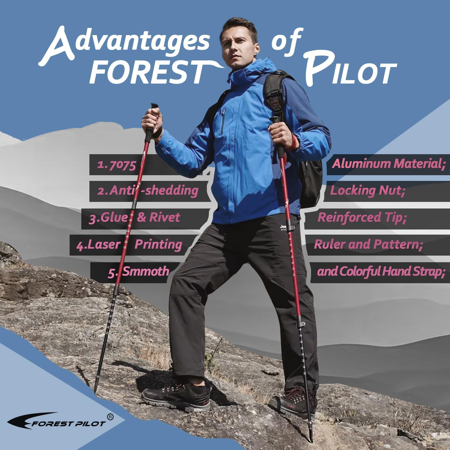 Trekking Poles - Lightweight 7075 Aluminum with Flip Lock & All Terrain Accessories - Pair of 2 Walking Sticks for Hiking with EVA or Beech Wood Grip - Image 3