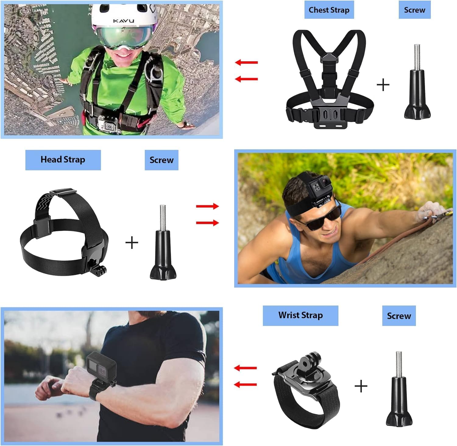 HONGDAK Action Camera Accessories Kit for GoPro Hero 13 12 11 10 9 Black, Waterproof Housing+Silicone Case+ Adjustable Arm+Head Chest Wrist Strap+Bike Mount+Suction Cup+Floating Grip Bundle Set 63in1 - Image 7