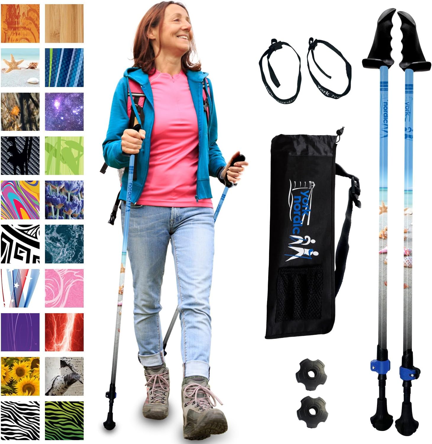 York Nordic Motivator Walking Poles for Balance and Rehab - Patented Stability Grips - Lightweight, Adjustable, and Collapsible - 2 Pieces Adjustable w/flip Locks - Heights 4'6" up to 6'2" - 230 lbs - Image 2