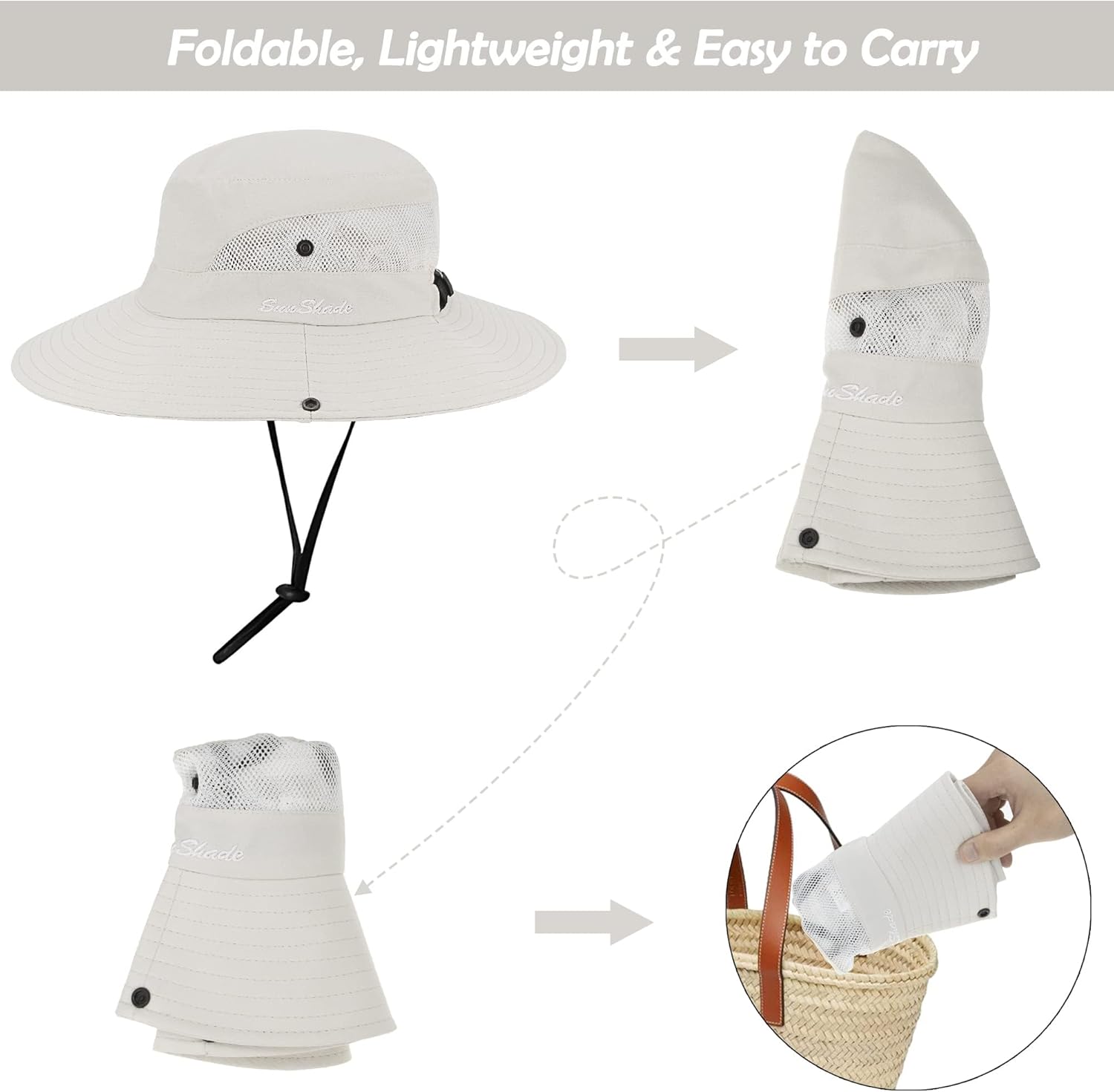 Women's Outdoor UV-Protection-Foldable Sun-Hats Mesh Wide-Brim Beach Fishing Hat with Ponytail-Hole - Image 4