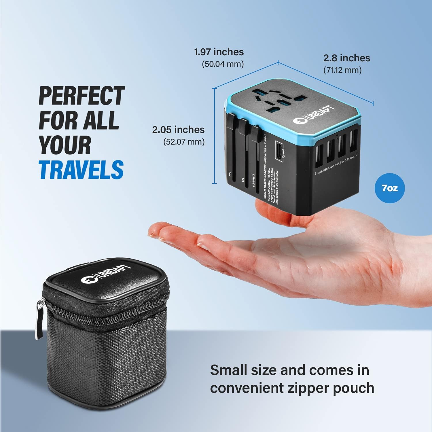 Unidapt Universal Travel Adapter, European Travel Plug Adapter - International Power Adapter Worldwide Charger with USB-C & 4 USB Ports, Travel Essentials for Italy, Japan, Europe, UK (UA-101, Blue) - Image 7