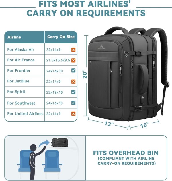 Travel Backpack, 50L Expandable Extra Large Laptop Backpack, Carry On Backpack Water Resistant Business Suitcase Daypack Bag Fits 17 Inch Laptops, Travel Gifts for Men Women, Black - Image 4