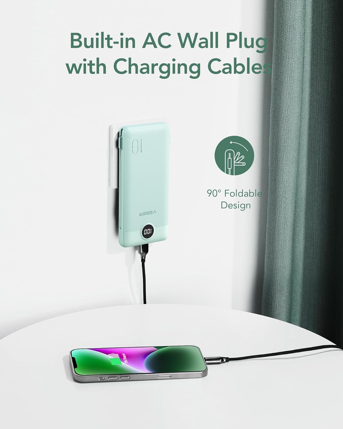 VEGER Portable Charger for iPhone with Built in Cables and Wall Plug, 10000mah Slim Fast Charging USB C Power Bank, Travel Essential Battery Pack Compatible with iPhone, iPad, Samsung etc(Green) - Image 4